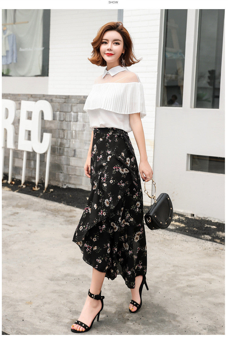 Chiffon Floral Pleated Long Skirt