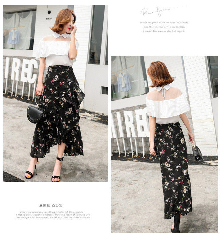 Chiffon Floral Pleated Long Skirt