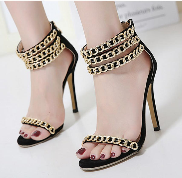 Metal Chain Decorate Open Toe Ankle Wrap Stiletto High Heels Sandals