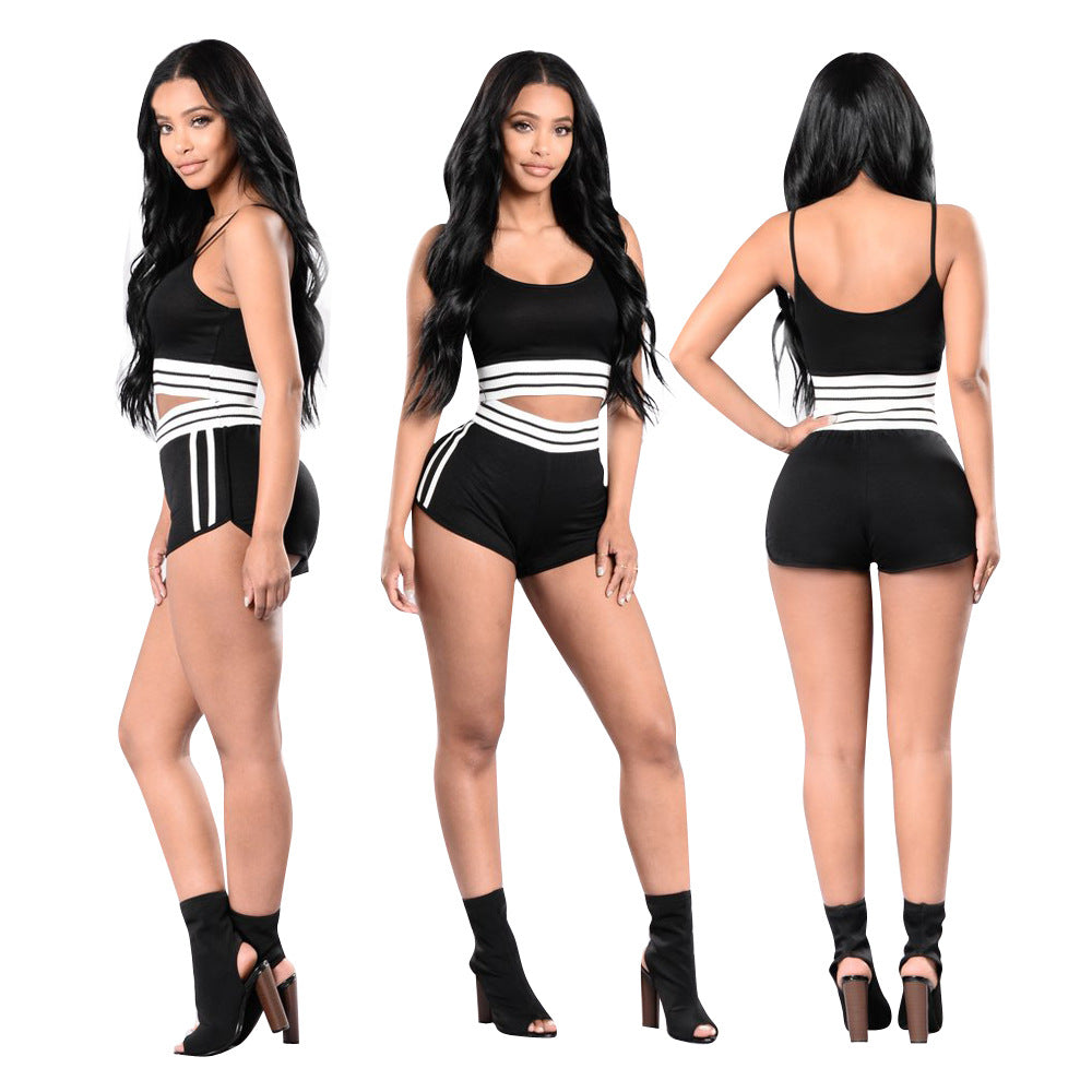 Stripes Scoop Crop Top with Shorts Two Pieces Sport Set