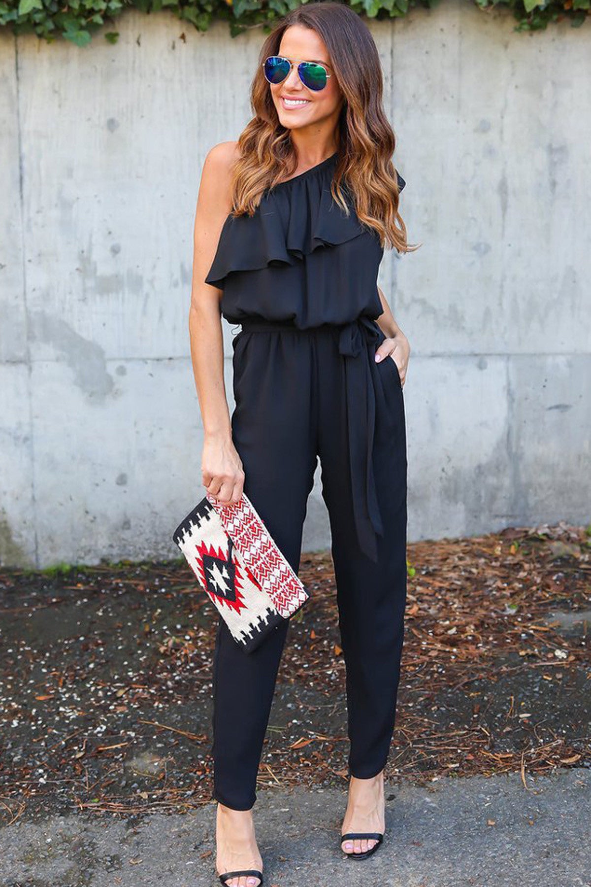 One Shoulder Pure Color Chiffon Long Jumpsuit