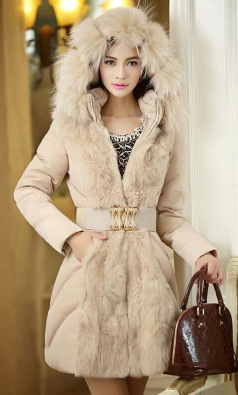 Fashion Hooded Slim Belt Patchwork Mid-length Cotton Coat