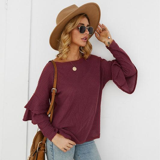 Crewneck Butterfly Sleeve Pullover Waffle Top