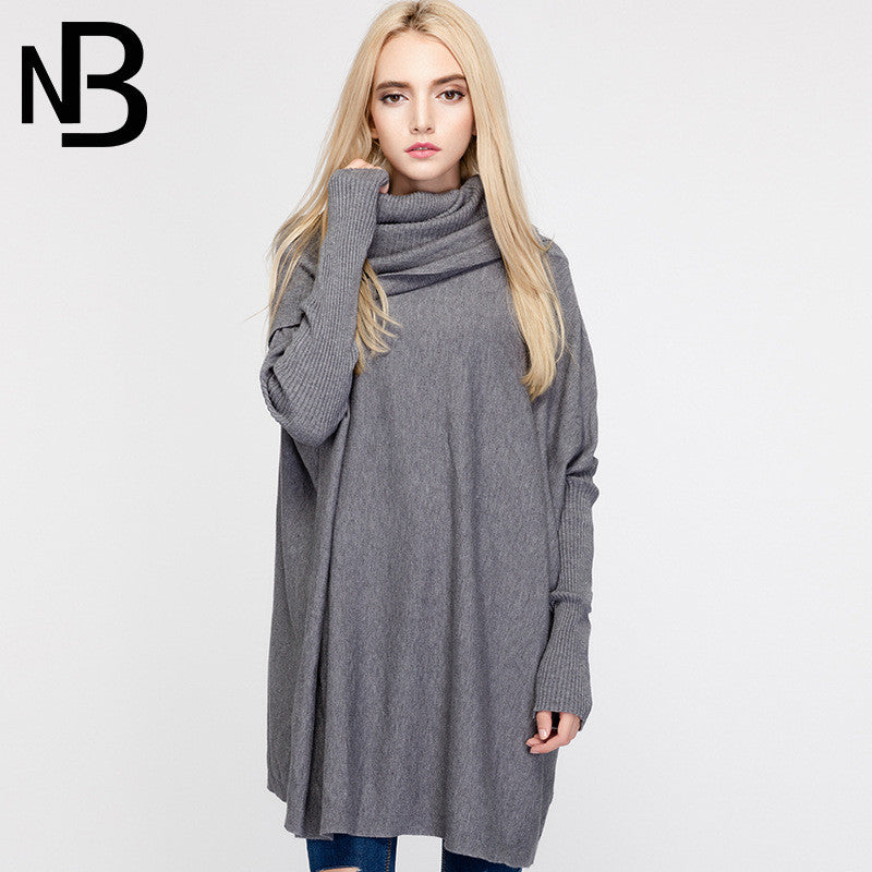 High Neck Long Batwing Sleeves Pure Color Loose Sweater