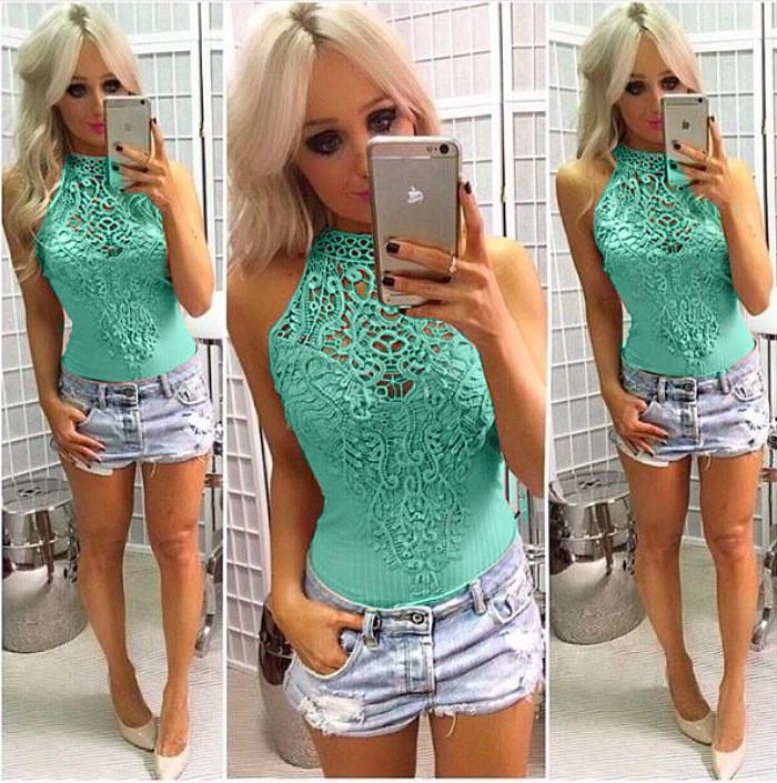 Lace Patchwork Scoop Sleeveless Short Lace Jumpsuit