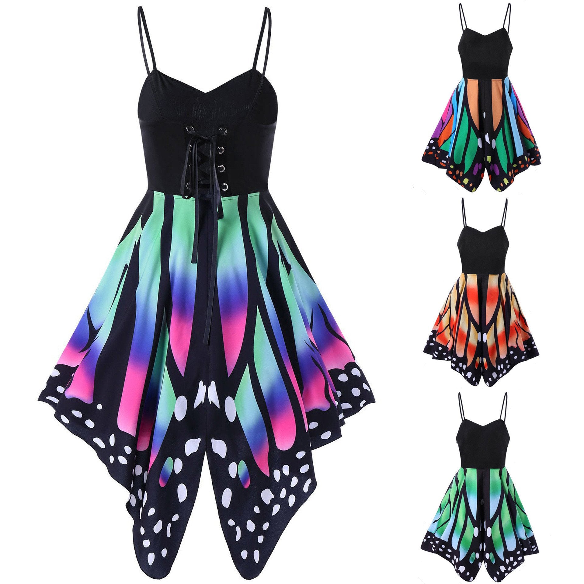 Patchwork Print Spaghetti Straps Butterfly Short Dress