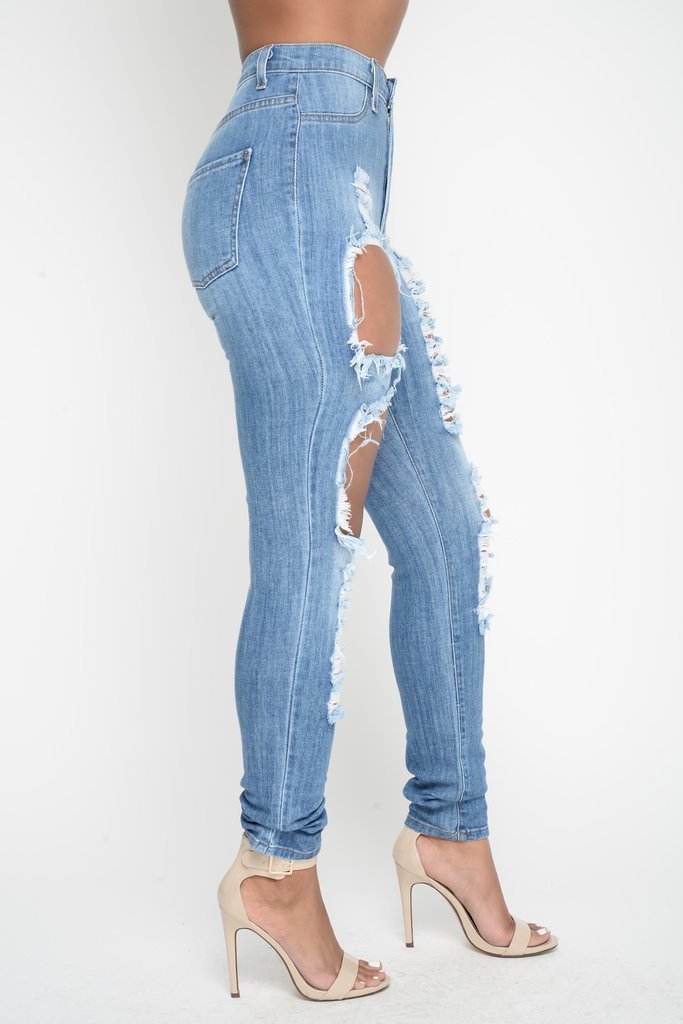 Rough Holes Cut Out High Waist Long Skinny Jeans Denim Pants