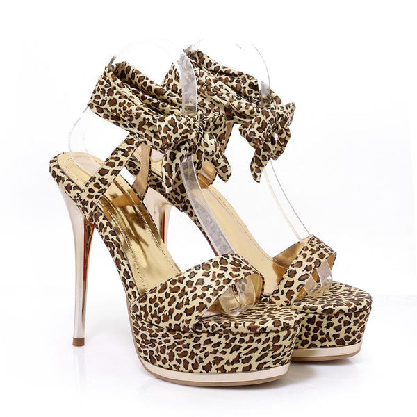Leopard Open Toe Ankle Wraps Platform Stiletto High Heels Sandals