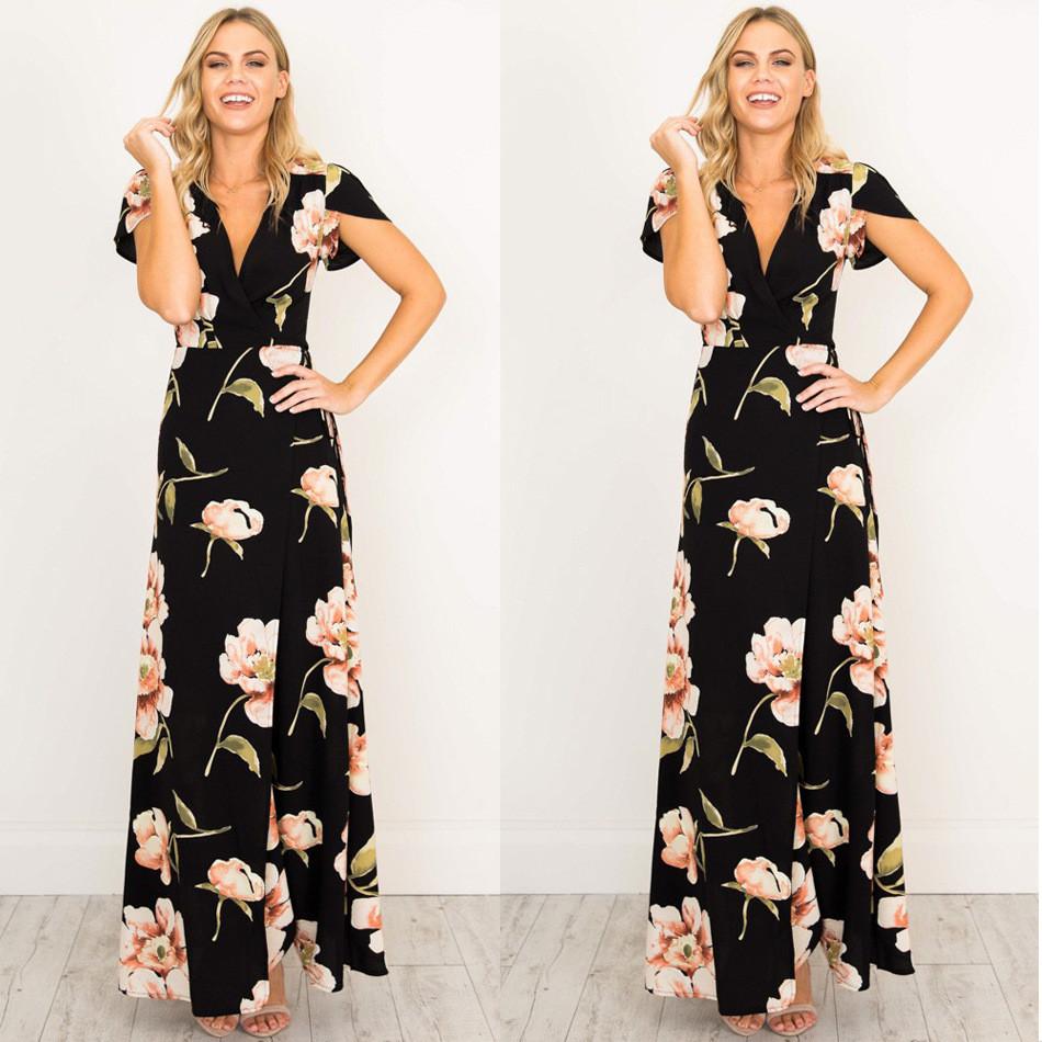 V-neck Flower Print Long Dress