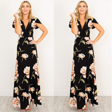 V-neck Flower Print Long Dress
