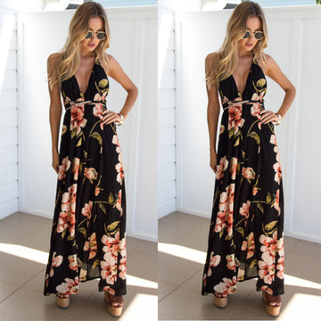 Spaghetti Straps V-neck Flower Print Long Split Dress