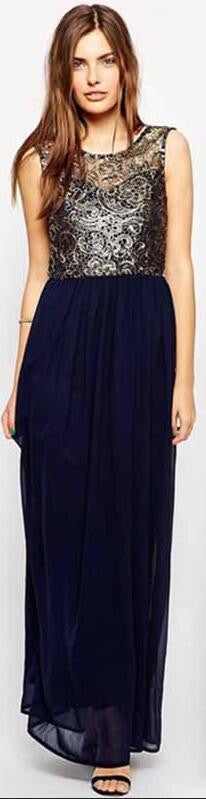 Sexy Embroidered Sleeveless Chiffon Backless Long Dress