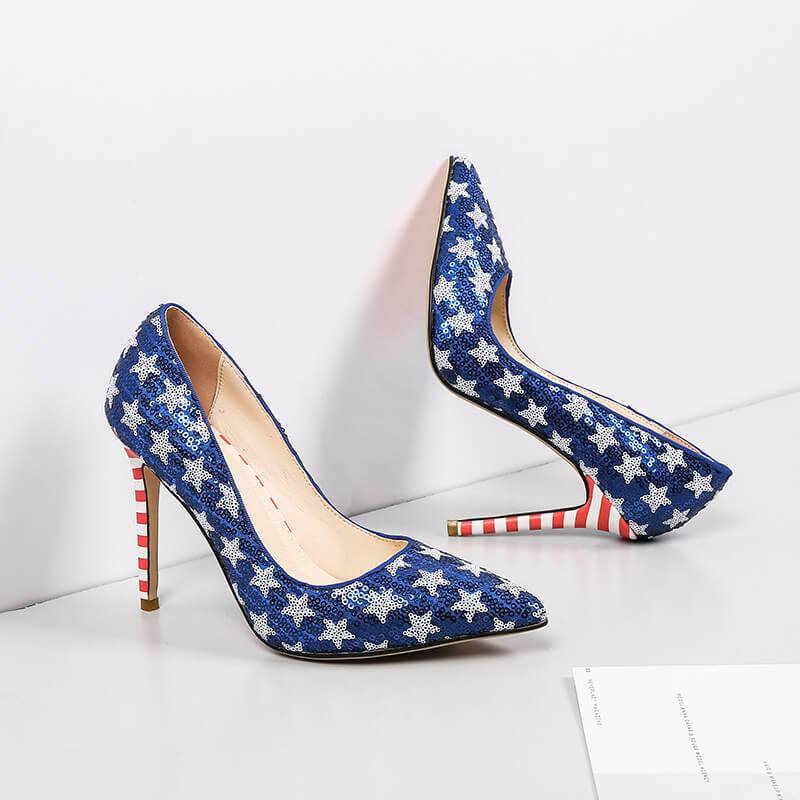 Blue Sequin Leather Stripes Pointed Toe Stiletto Heel Pumps