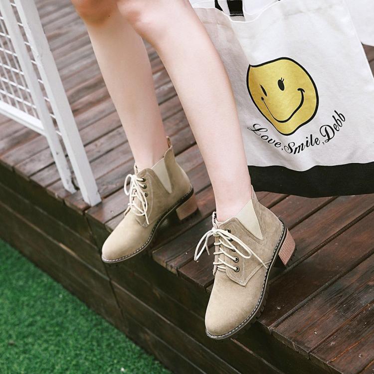 Lace Up Round Toe Solid Color Low Chunky Heel Short Martin Boots