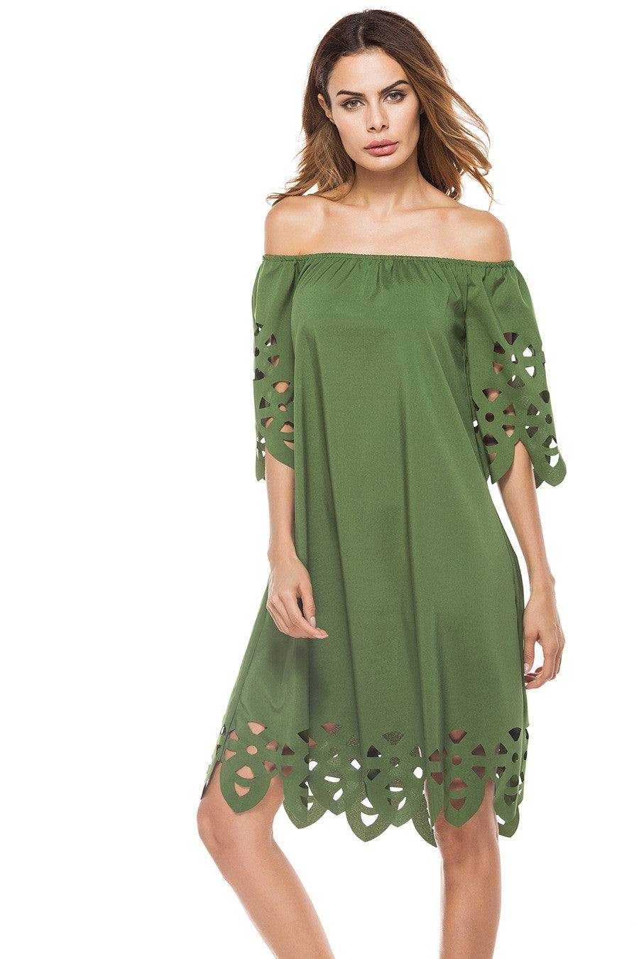 Off Shoulder Half Sleeves Loose Beach Knee-length Dress