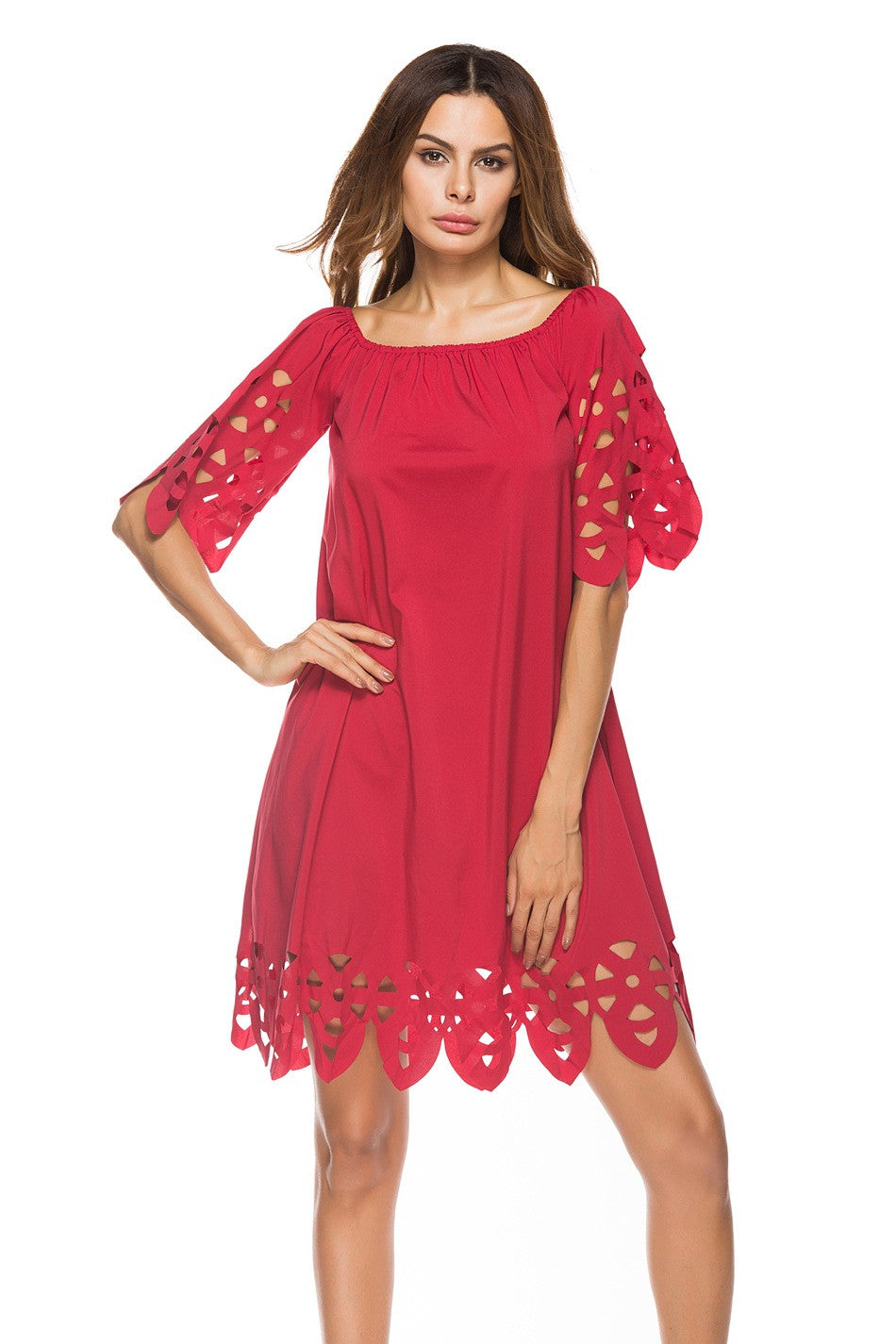 Off Shoulder Half Sleeves Loose Beach Knee-length Dress