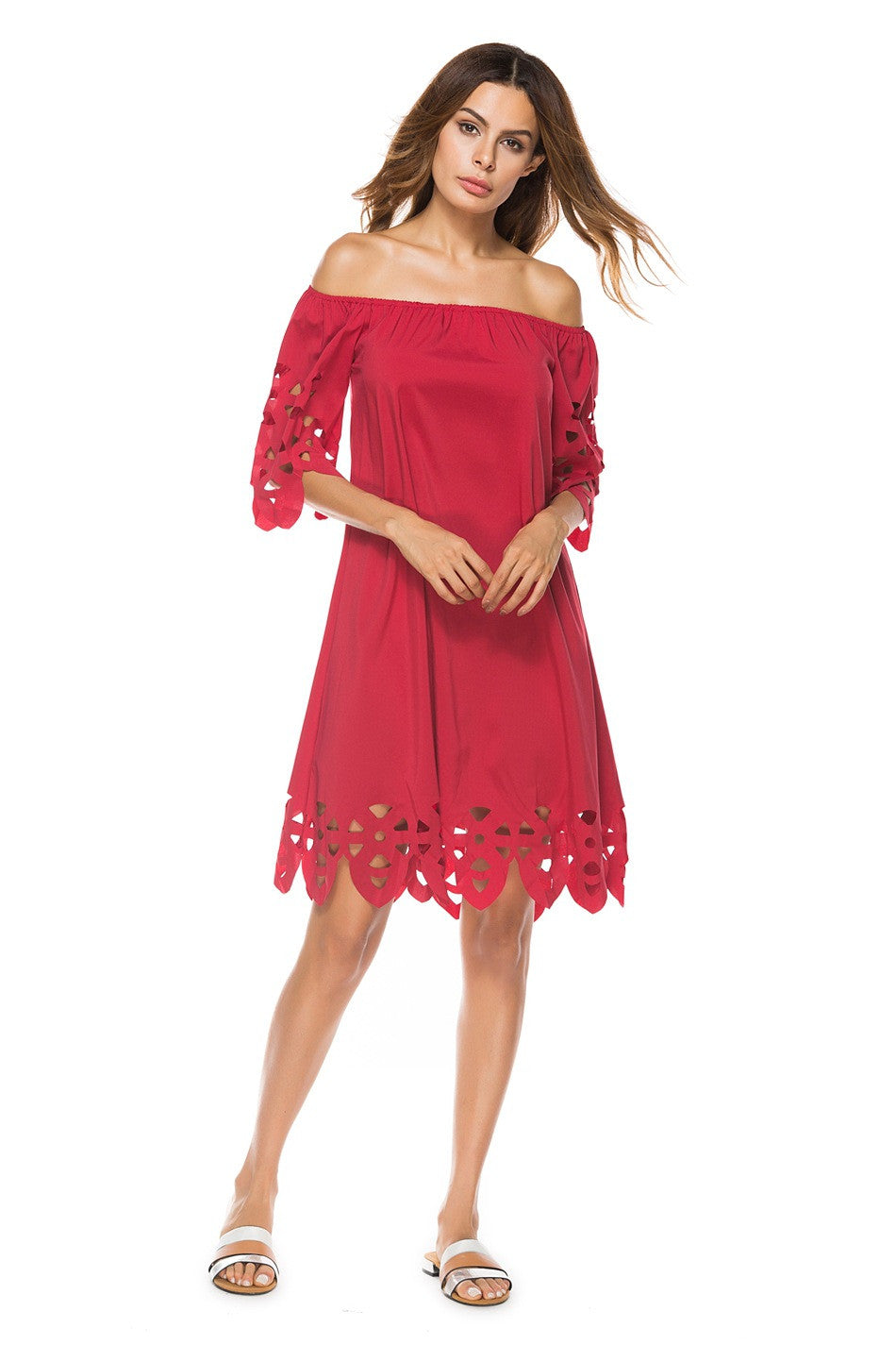 Off Shoulder Half Sleeves Loose Beach Knee-length Dress