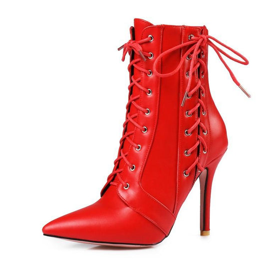 Lace Up Pointed Toe Stiletto High Heels Short Boots