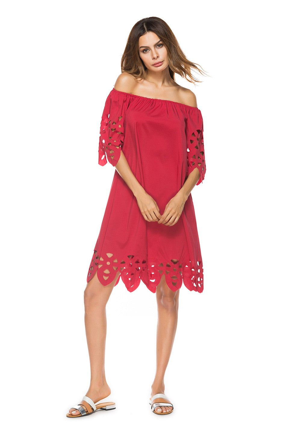 Off Shoulder Half Sleeves Loose Beach Knee-length Dress