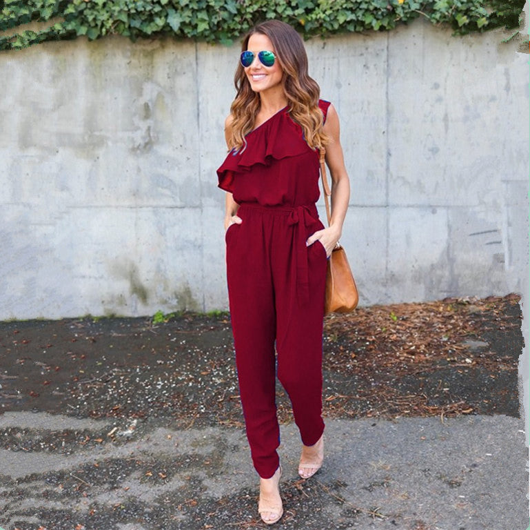 One Shoulder Pure Color Chiffon Long Jumpsuit