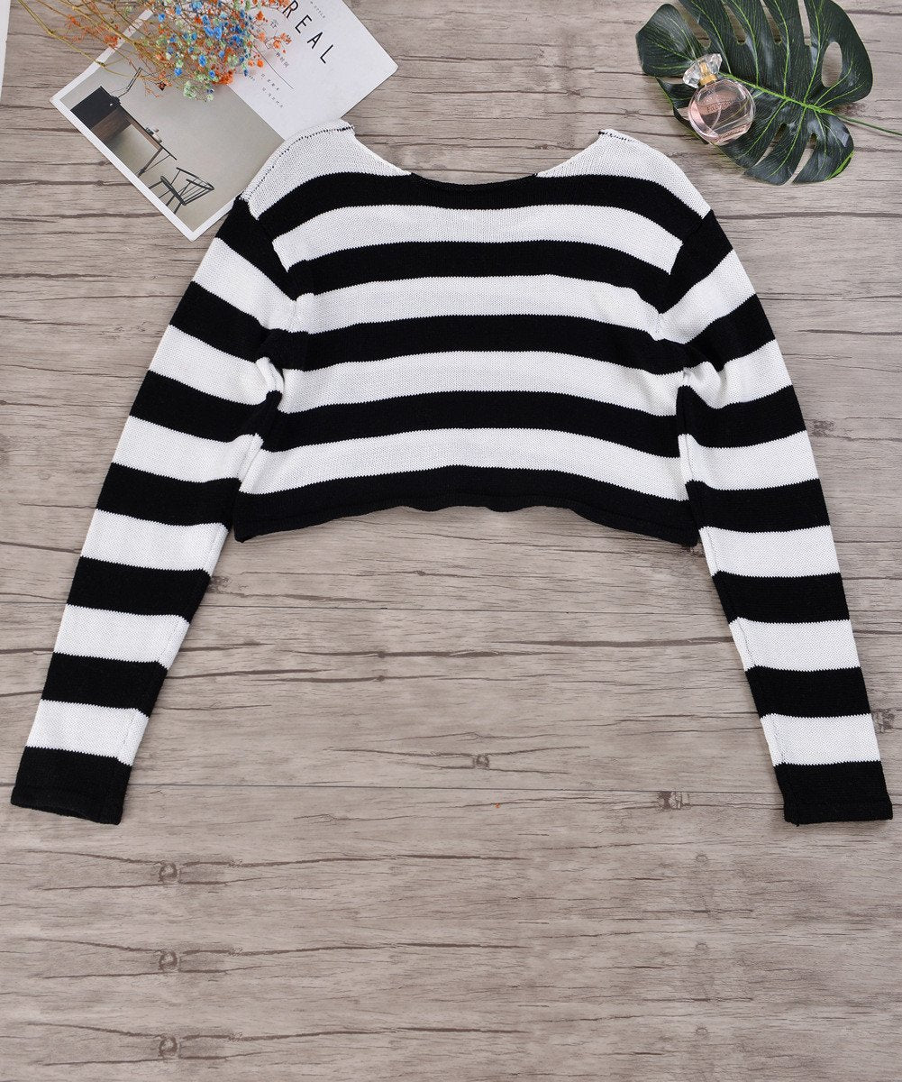 Long Sleeves Stripes Big Scoop Solid Color Short Crop Sweater