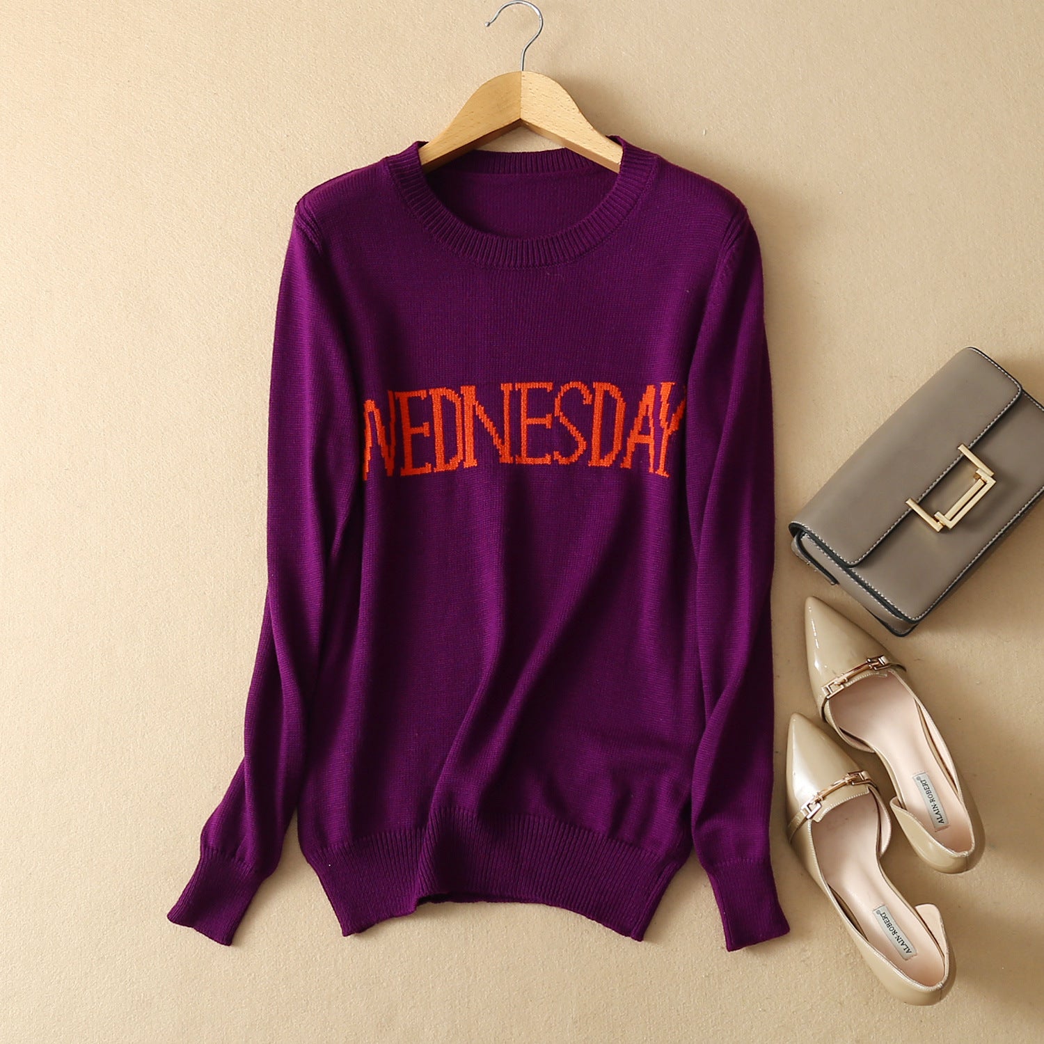 Letter Print Scoop Candy Color Slim Pullover Sweater