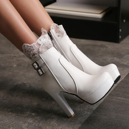 Lace Decorate Side Zipper Platform Stiletto High Heels Short Boots