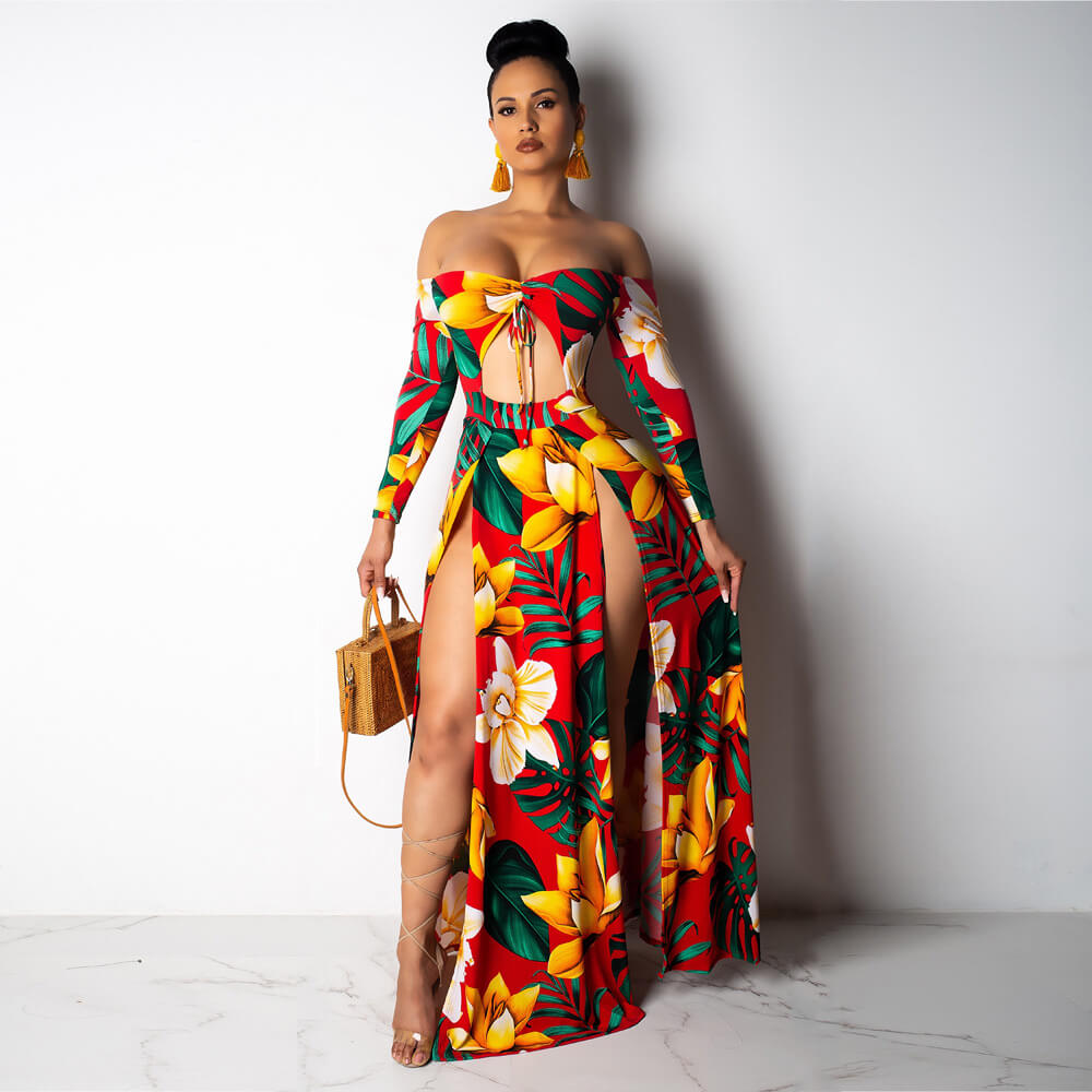 Strapless Crop Top Flower Print MAXI Skirt Set