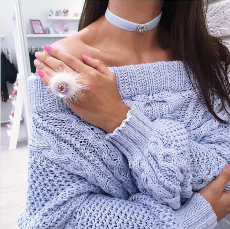 Off Shoulder Cable Loose Lantern Sleeves Knitwear Sweater