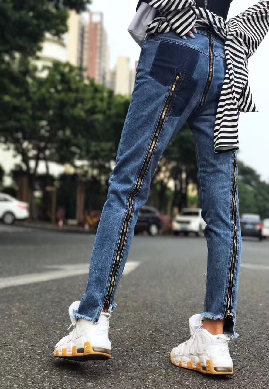 Slim High Waist Back Hip Zipper Irregular 9/10 Long Jeans Pants