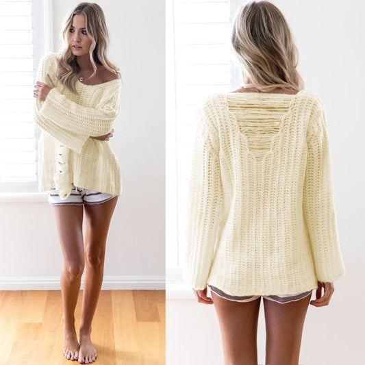 Pure Color Cut Out Bagger Style Loose Sweater