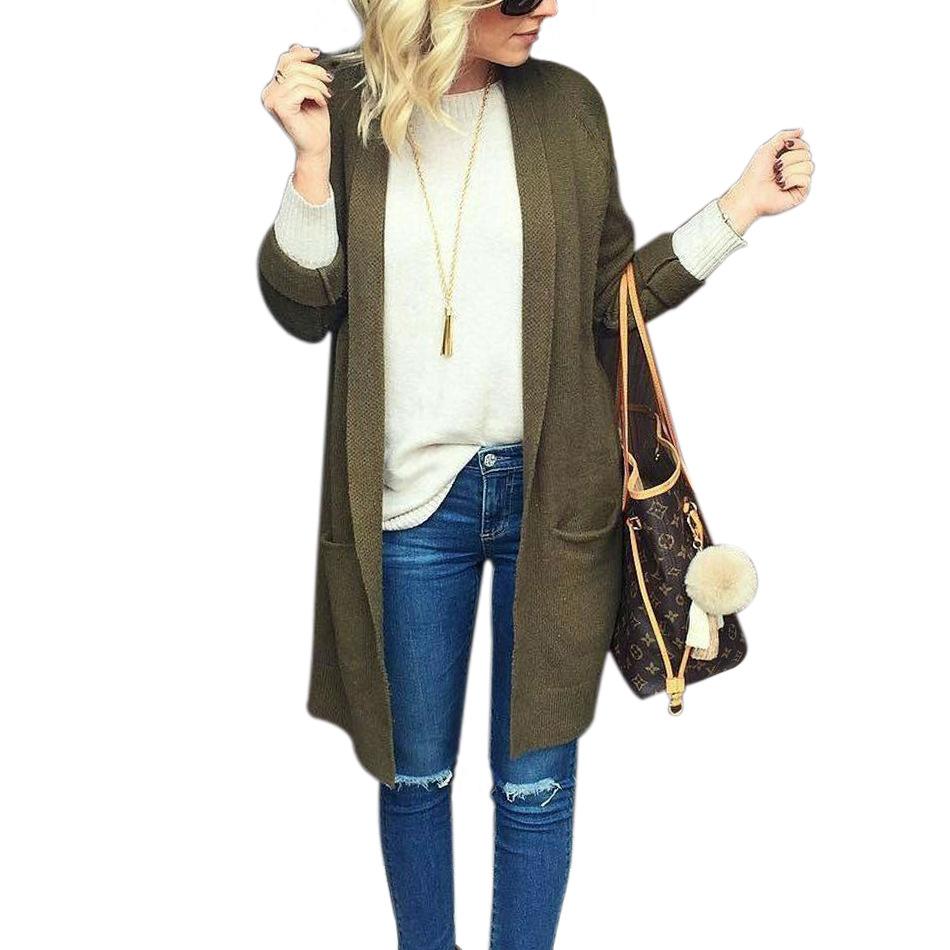 Solid Color Pockets Loose Open Cardigan