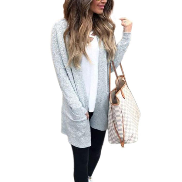 Solid Color Pockets Loose Open Cardigan