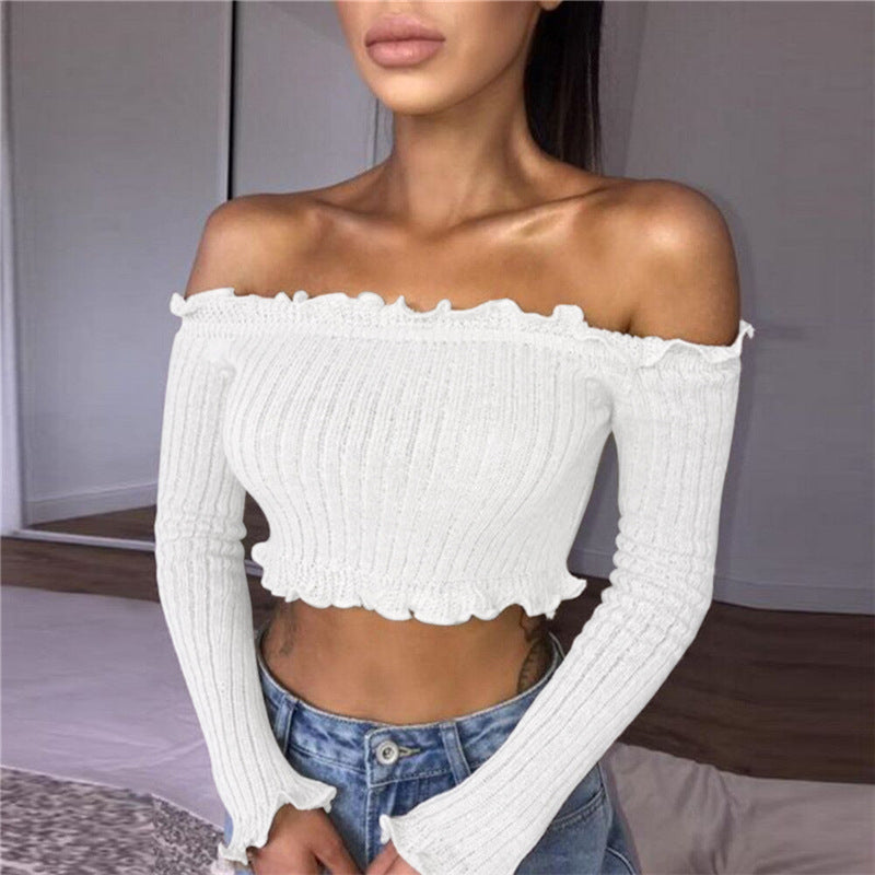 Ruffles Off Shoulder Pure Color Short Crop Top Sweater