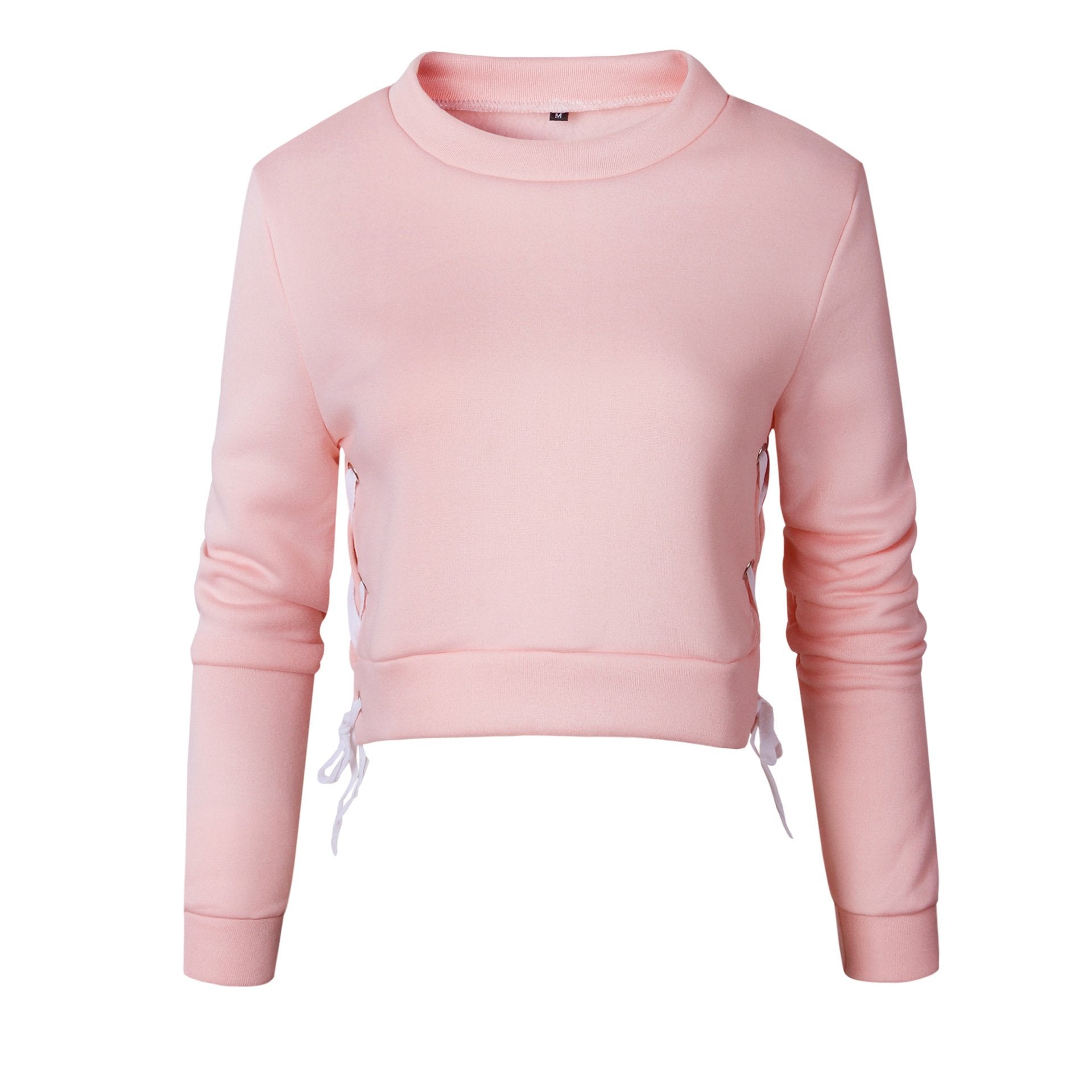 Side Straps Lace Up Solid Color Crop Top Sweatshirt