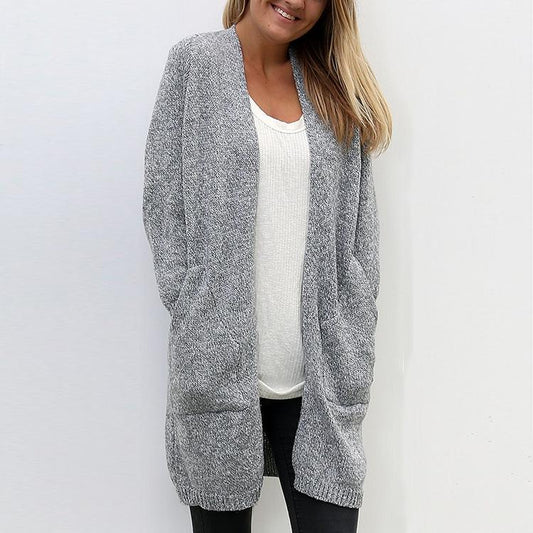 Loose Solid Color Pockets Open Long Cardigan