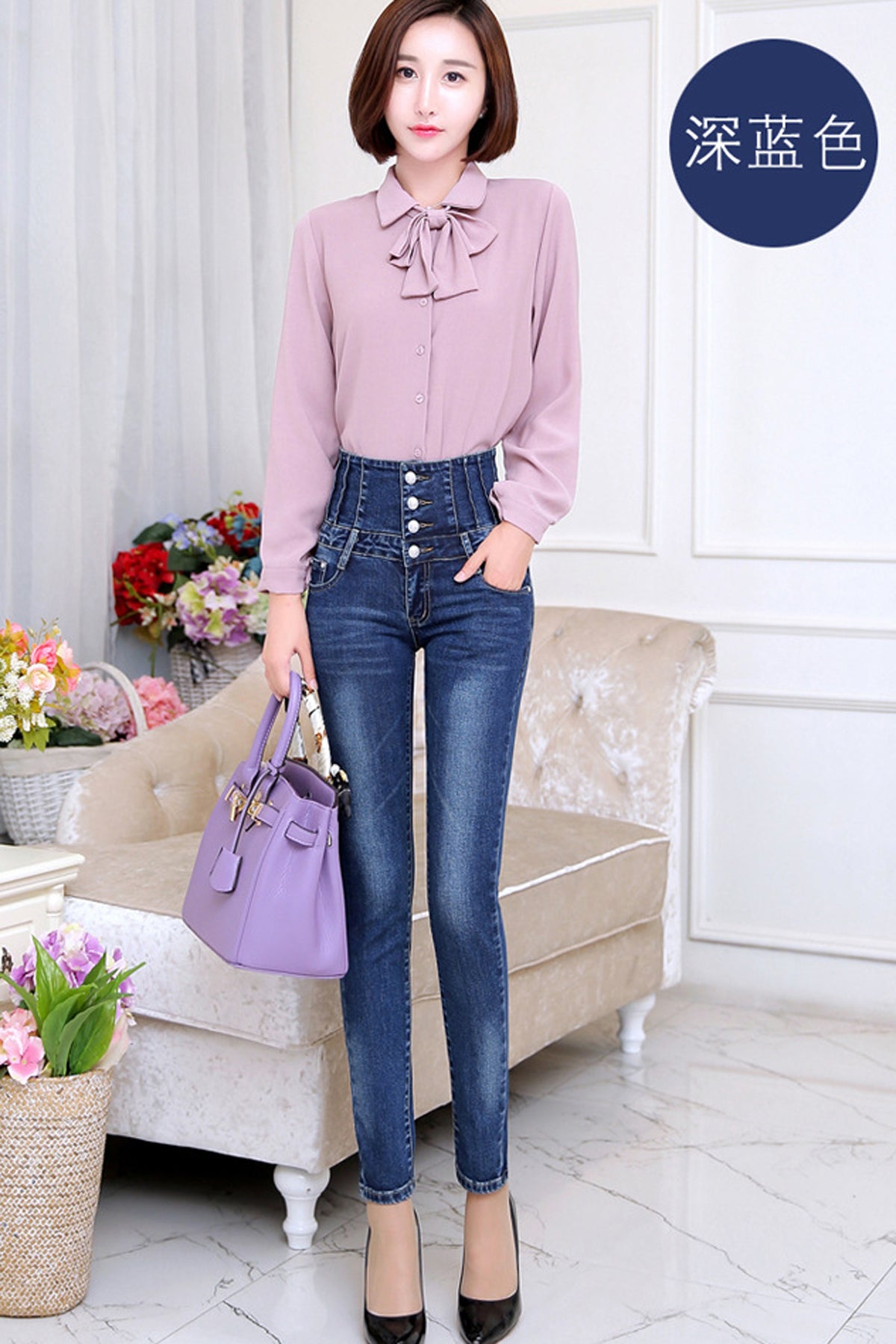 High Waist Buttons Solid Color Long Pencil Skinny Jeans