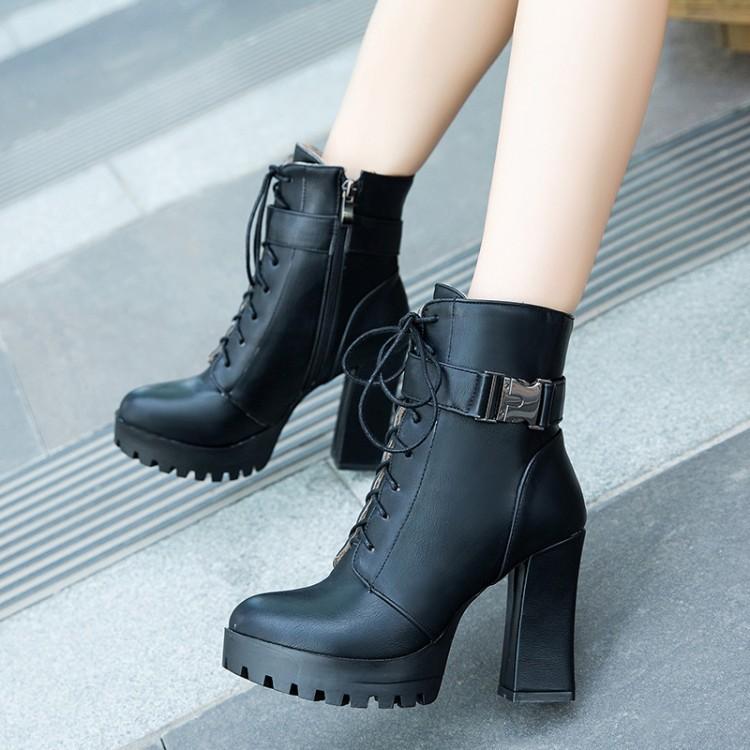 Round Toe Martin Lace Up High Chunky Heel Short Boots