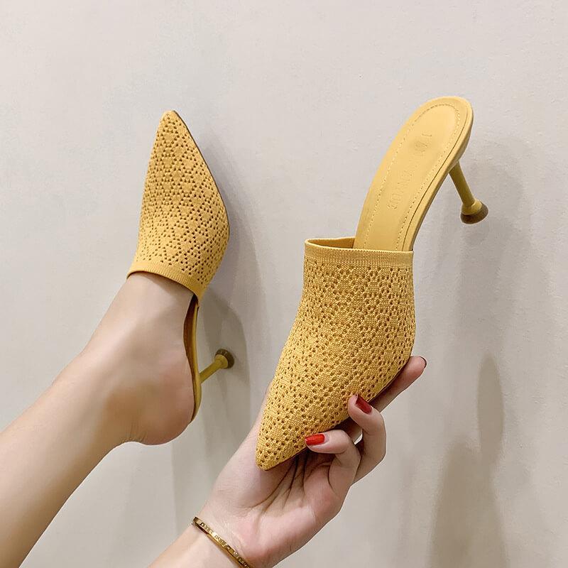 Simple Pointed Toe Kit Heel Cutout Mules Sandals