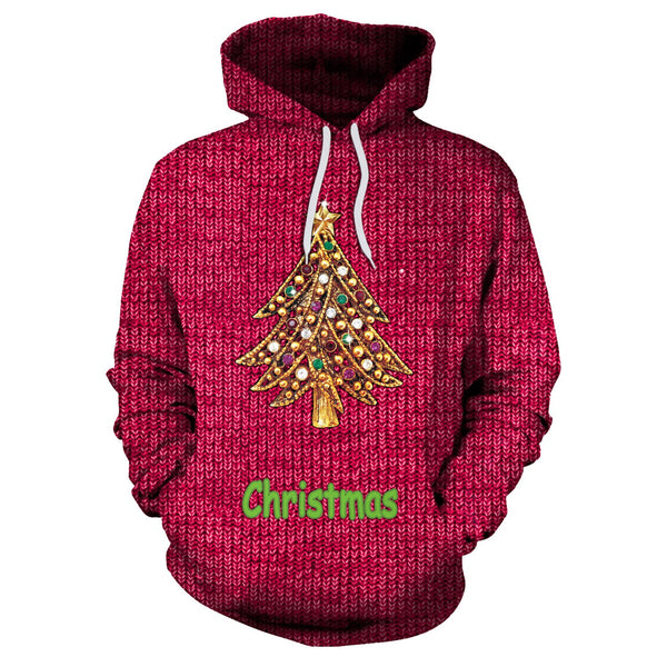 Drawstring Christmas Tree Print Women Loose Party Hoodie