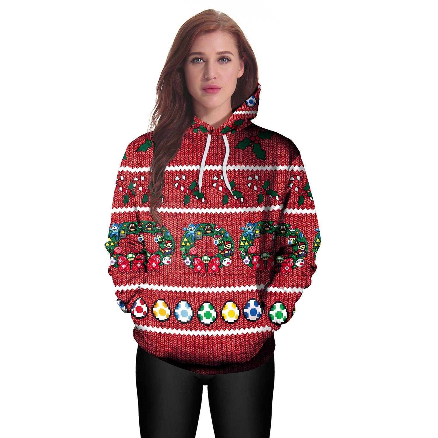 Christmas Print Women Drawstring Party Hoodie