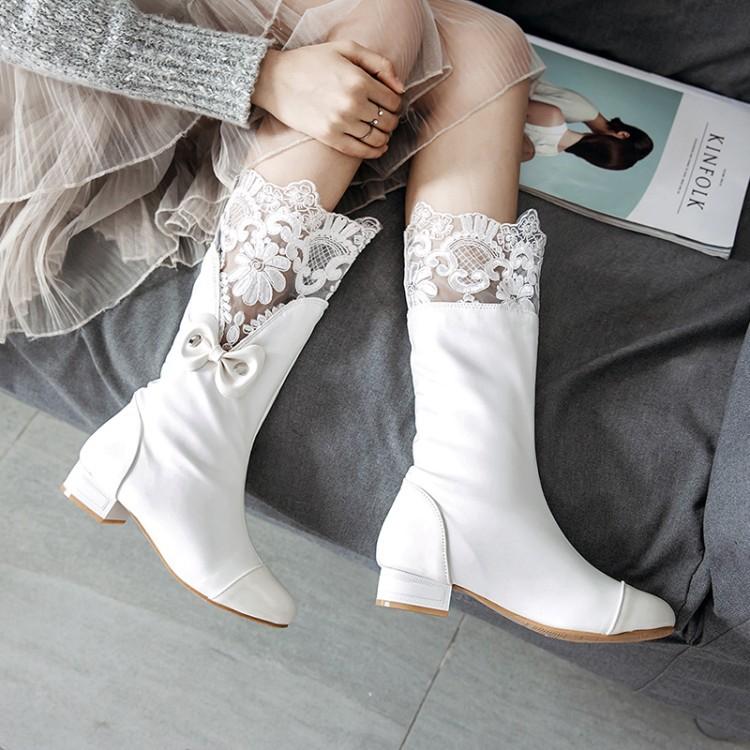 Lace Patchwork Bowknot Low Chunky Round Toe Half Boots