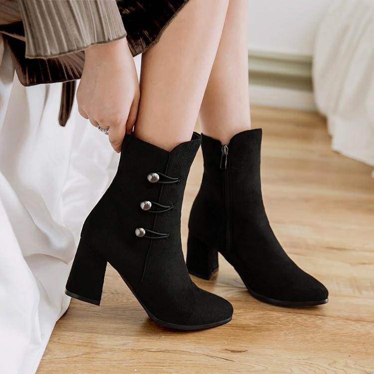 Suede Pointed Toe Middle High Chunky Heel Short Boots