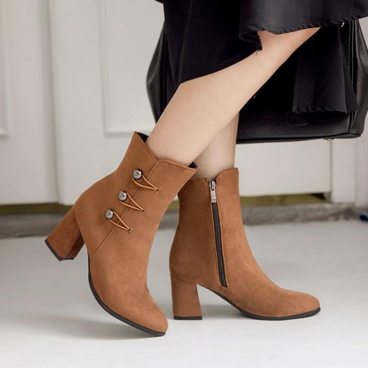 Suede Pointed Toe Middle High Chunky Heel Short Boots