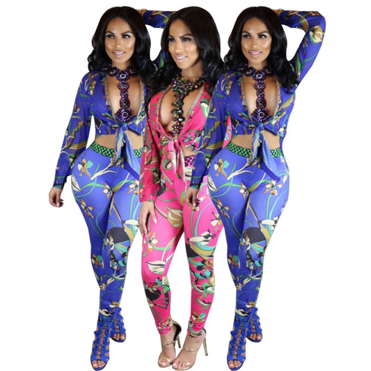 Deep V-neck Straps Crop Tope with Print Skinny Pants Two Pieces Set