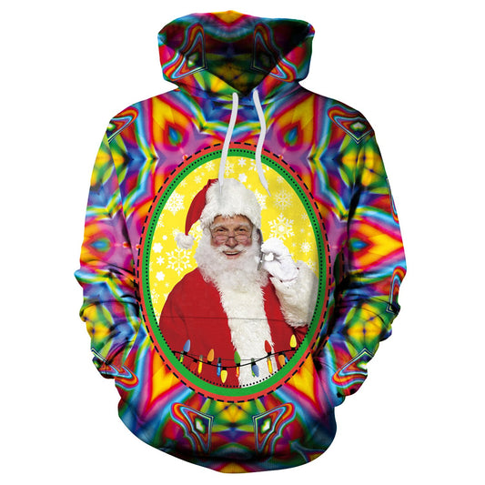 Santa Claus Colorful Print Women Drawstring Christmas Party Hoodie