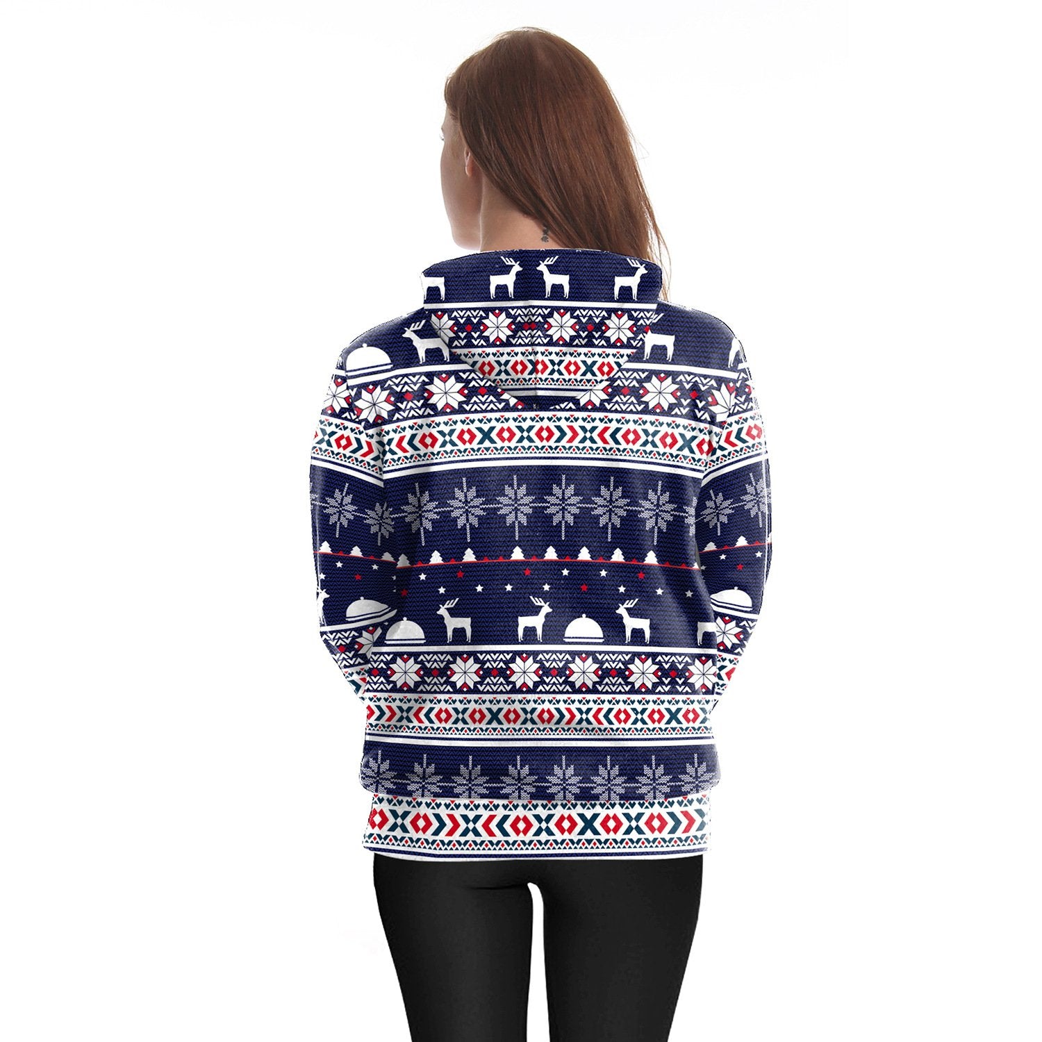 Snow Reindeer Digital Print Women Drawstring Christmas Party Hoodie