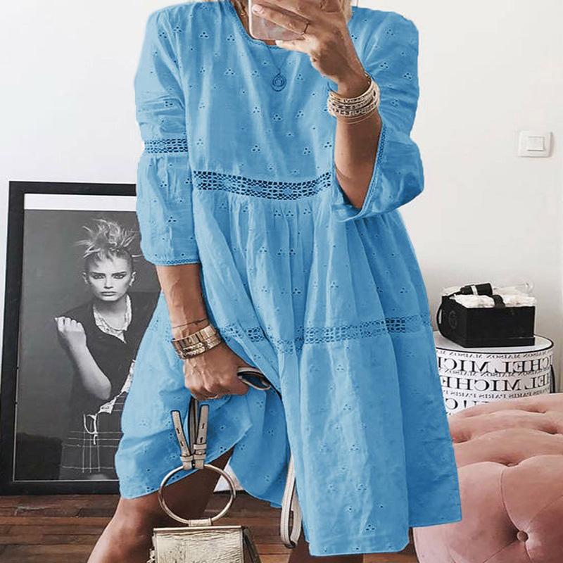 Plus Size Long Sleeve Patchwork Embroidery Loose Dress