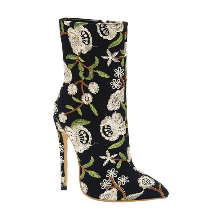 Flower Embroidery Pointed Toe High Heel Calf Boots