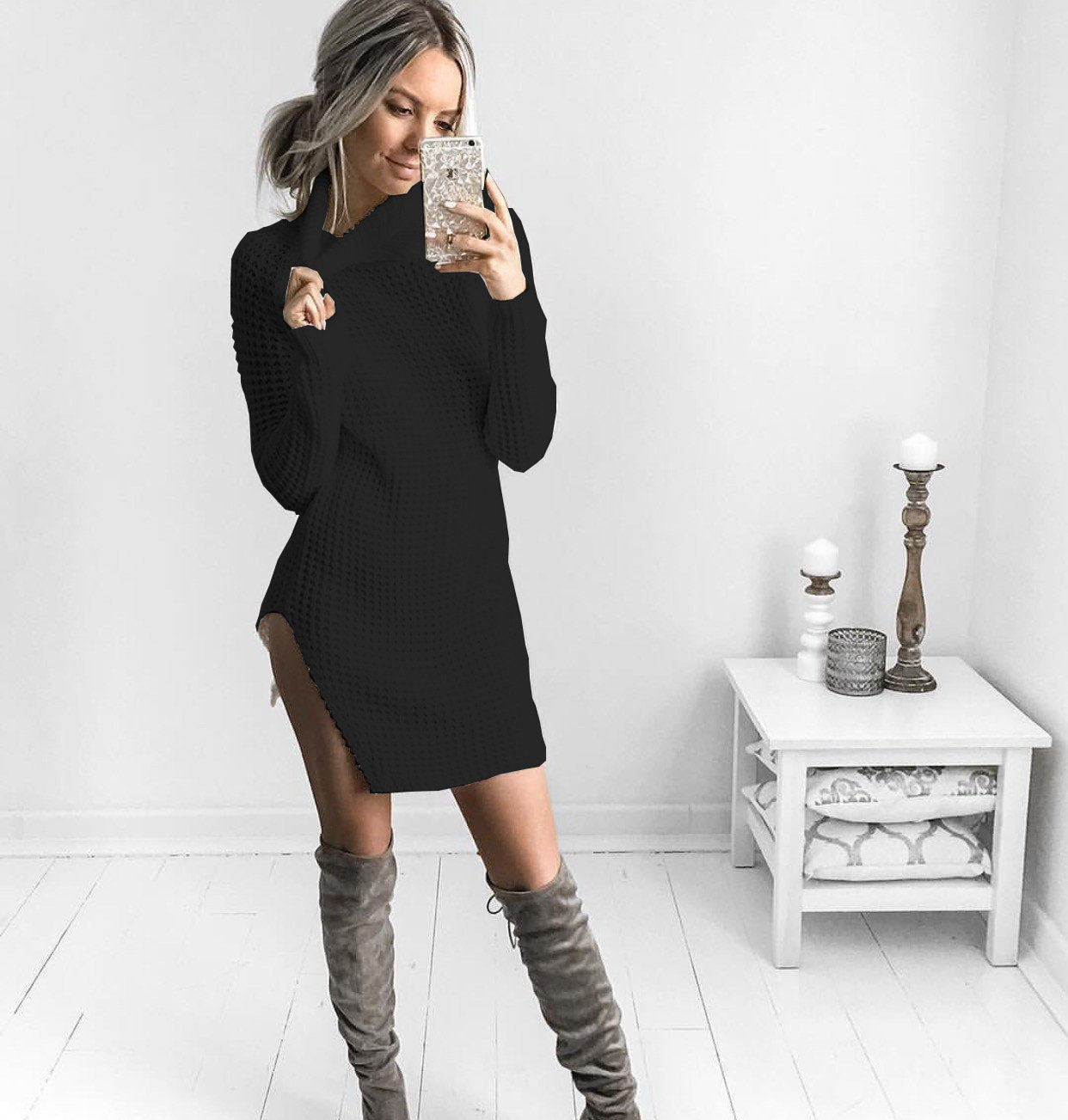 Candy Color High Neck Split Long Sweater